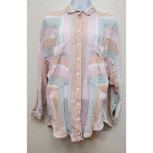 Free People Pink Orange White Striped Button Up Top Medium Linen Blend Flowy - Picture 1 of 6